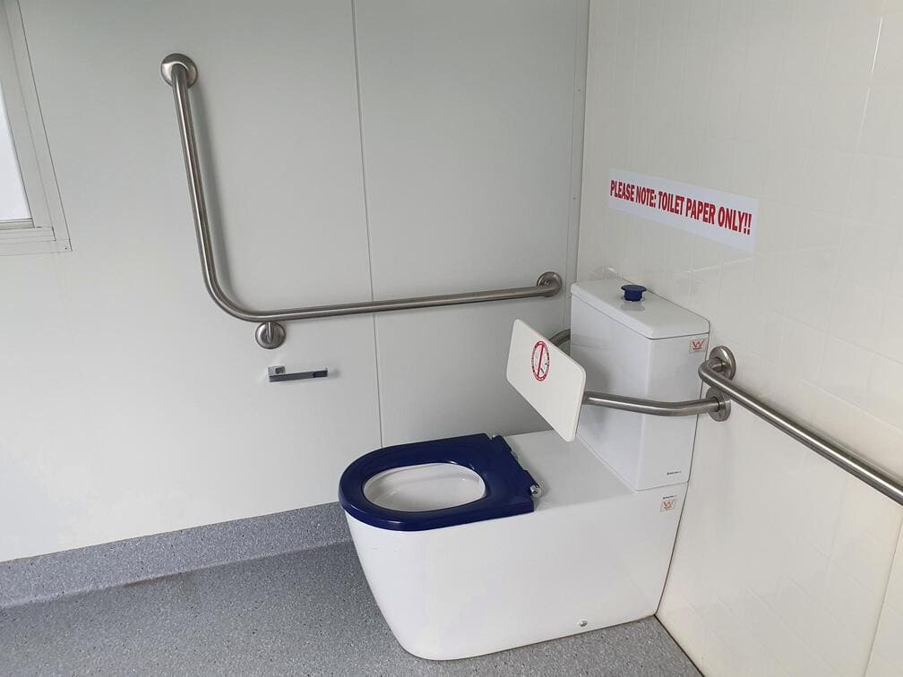 Access POD Elevate exterior view showing compact portable accessible bathroom unit